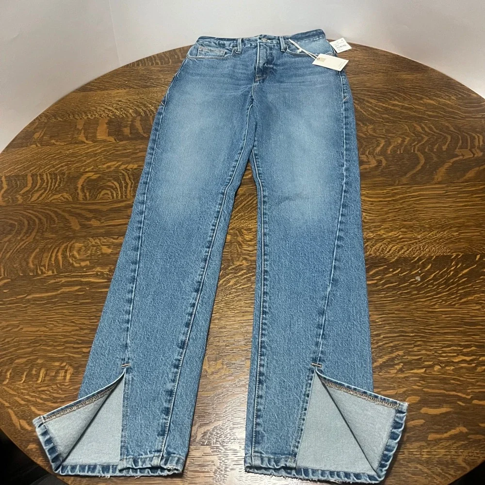 Good American Good Boy Jeans Womens 2/26 Blue High Rise Split Hem Distressed
